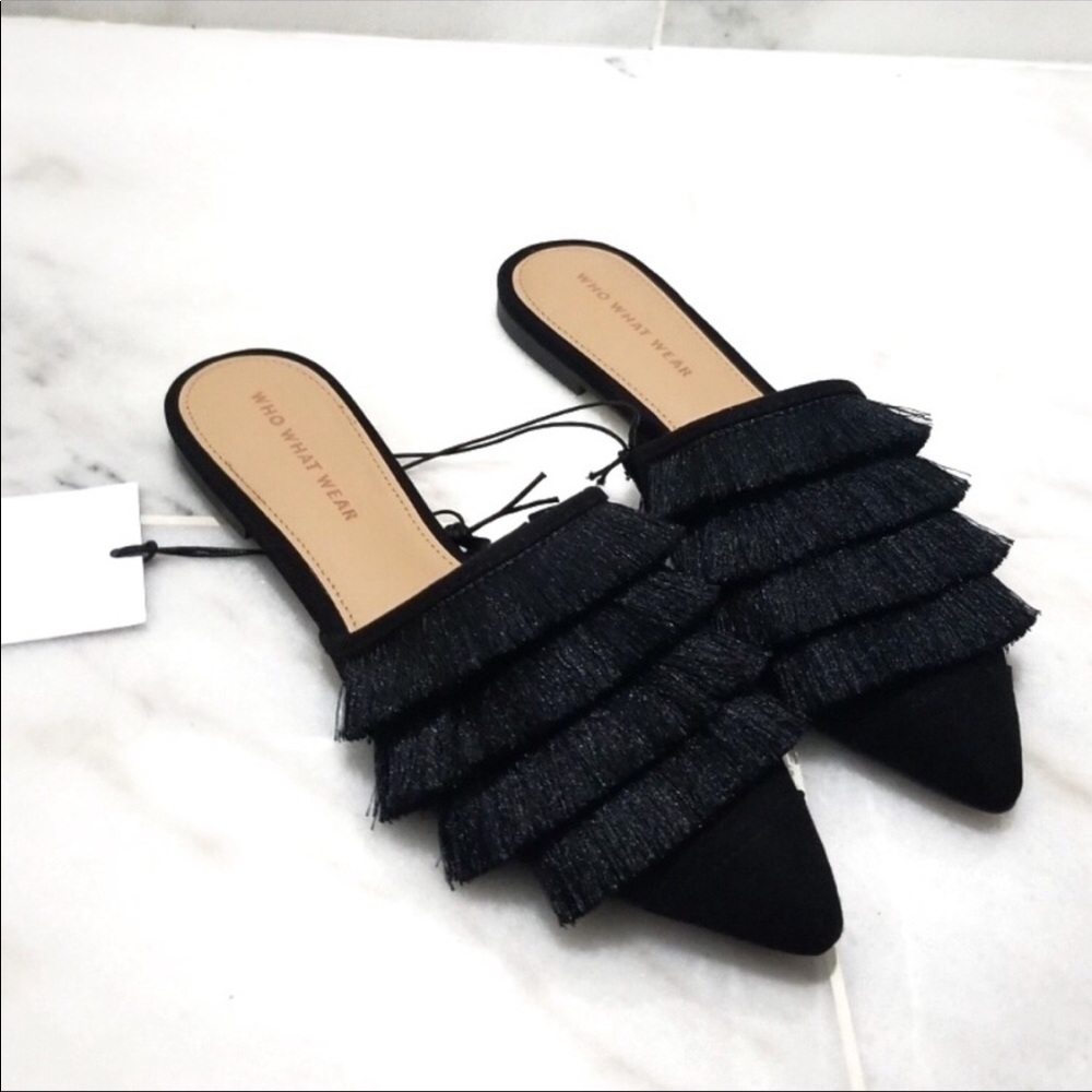**LAST CHANCE** NWOT Black Satin Fringe Mules